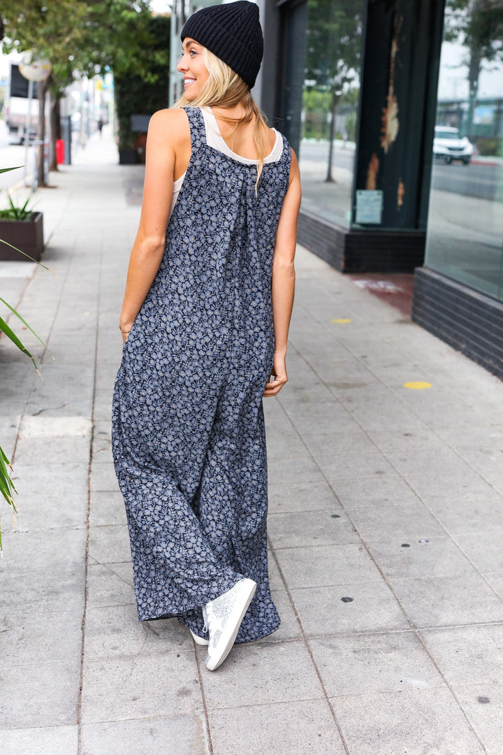 Feeling Femme' Charcoal Floral Print Baggy Overall Jumpsuit