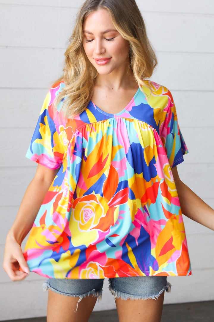 Orange & Yellow Geometric Floral V Neck Dolman Top