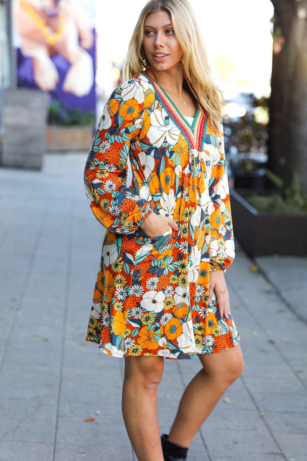 Boldly Be Rust & Teal Floral V Neck Shift Dress