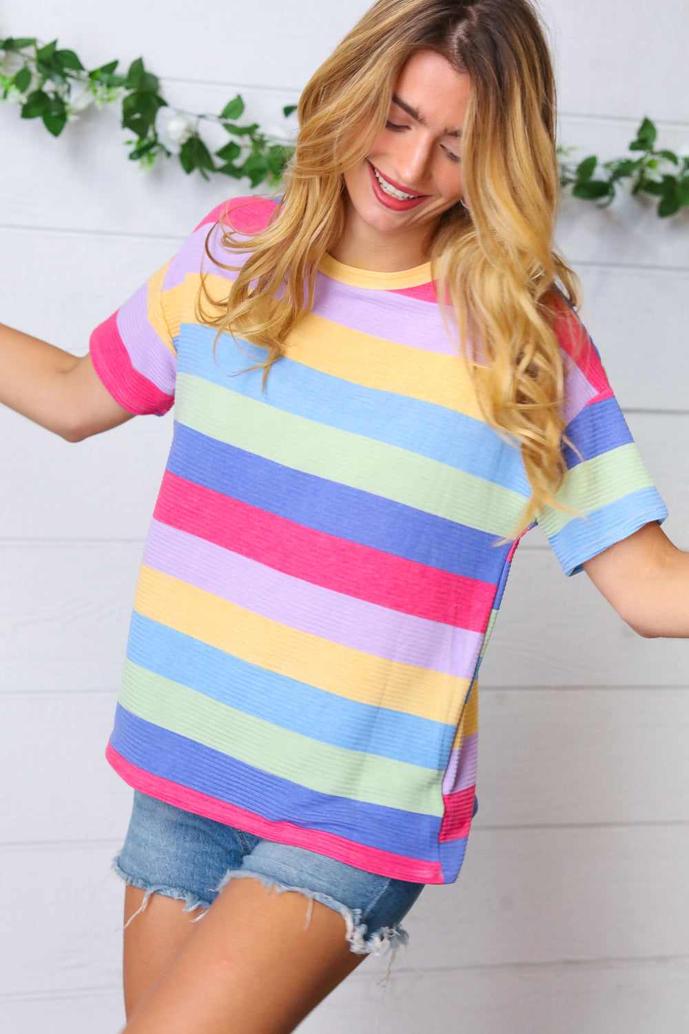 Fuchsia & Lavender Multi Stripe Rib Terry Top