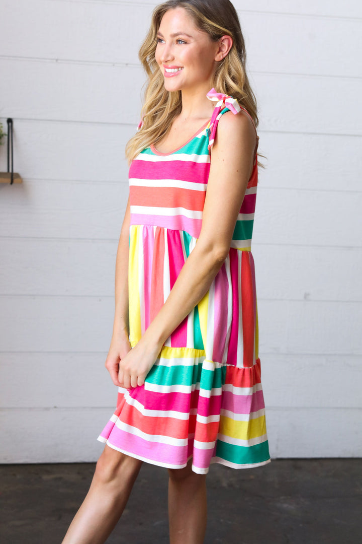 Multicolor Stripe Shoulder Tie Knot Ruffle Hem Dress