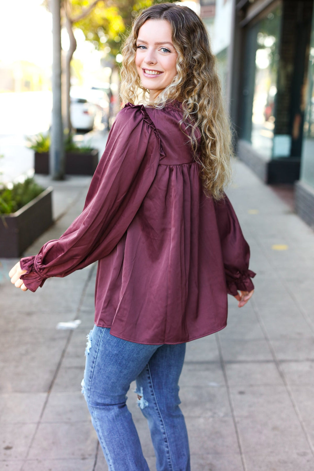 Be Your Best Wine Satin Shirred Yoke Frilled Mock Neck Top