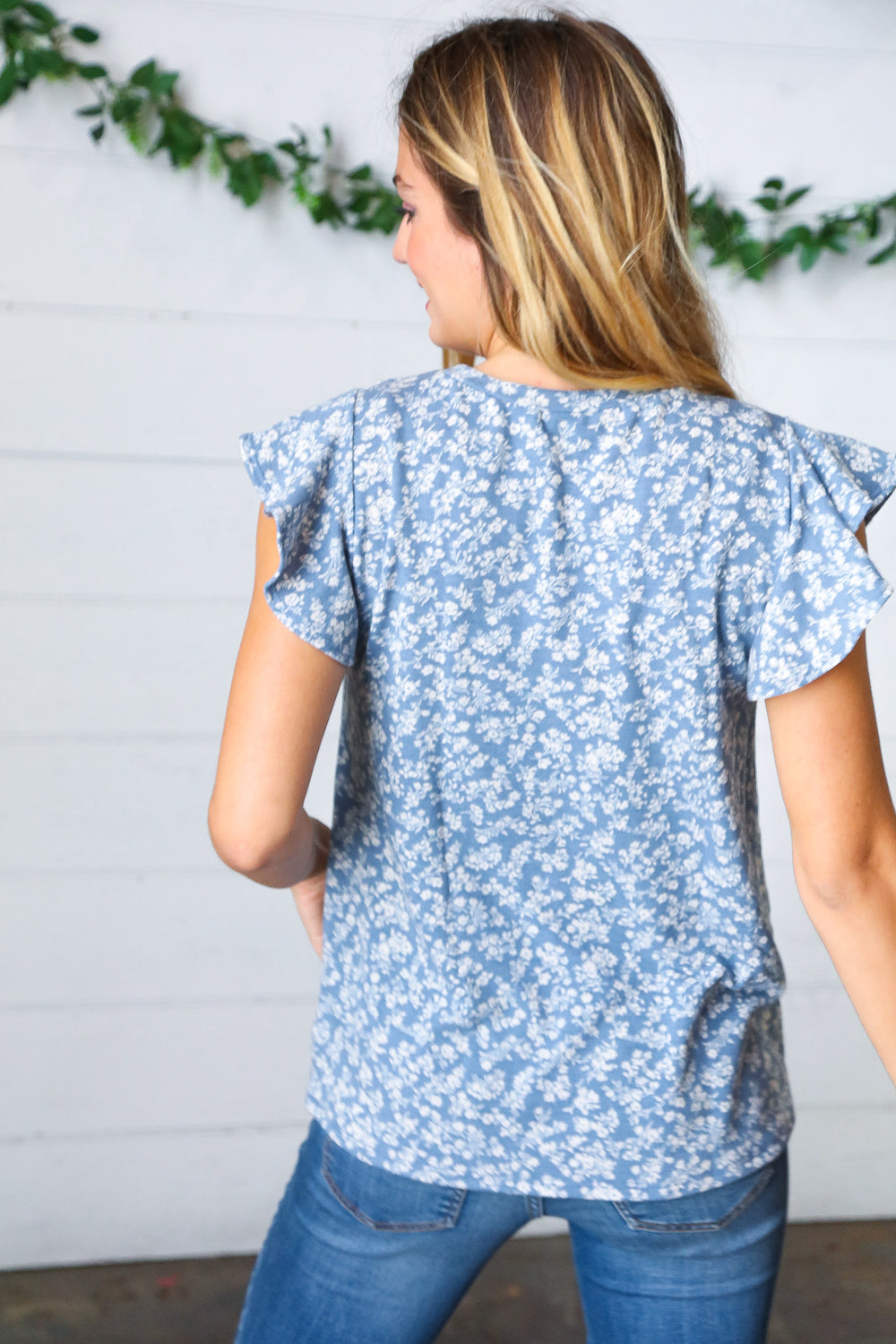 Denim Blue Ditzy Floral Flutter Sleeve Top