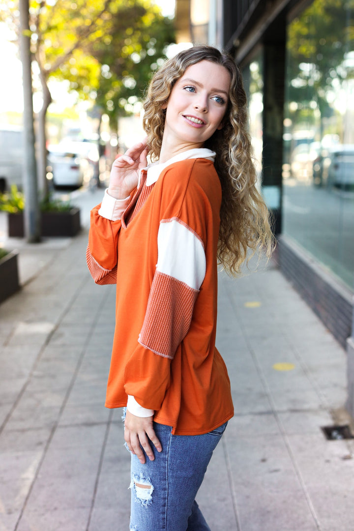 Falling For You Rust Color Block Collared French Terry Top