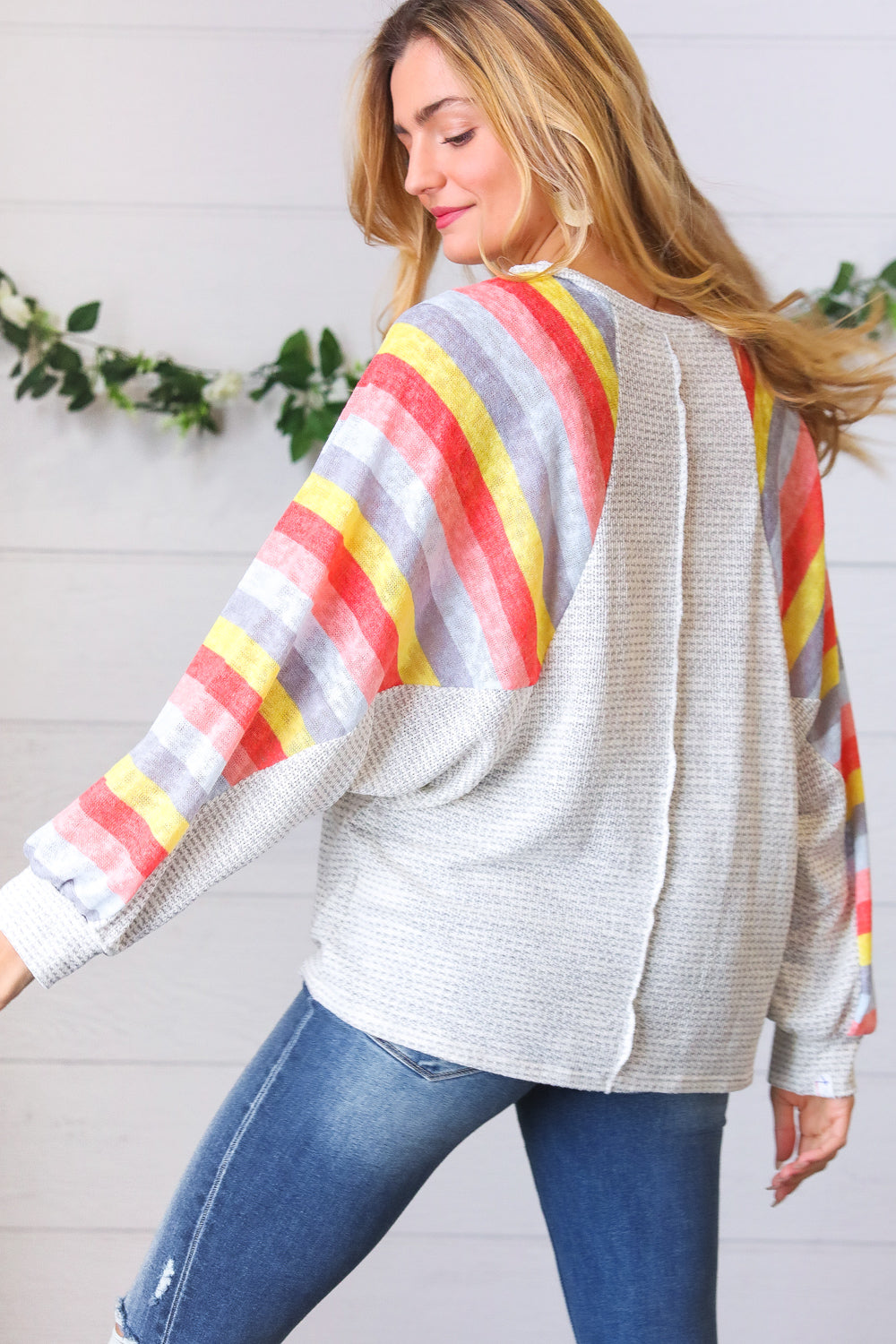 Grey Two Tone Multi Color Stripe Raglan Top