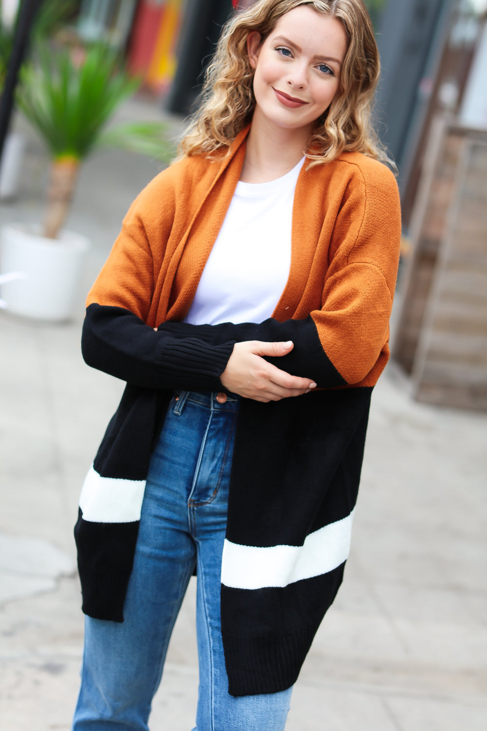 Layer Me Up Rust & Black Color Block Knit Open Cardigan