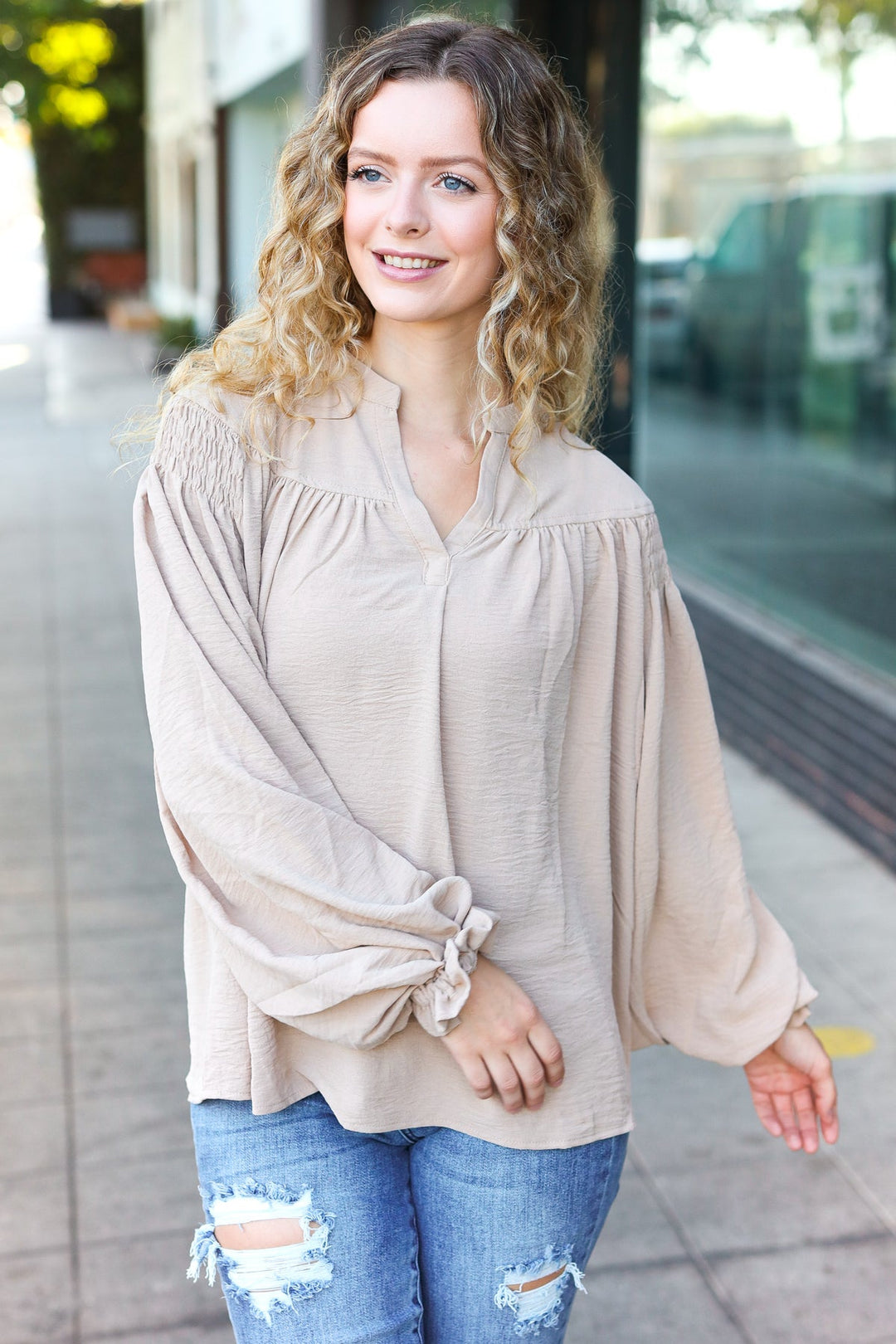 Boho Vibes Taupe Notched Neck Smocked Bubble Sleeve Top