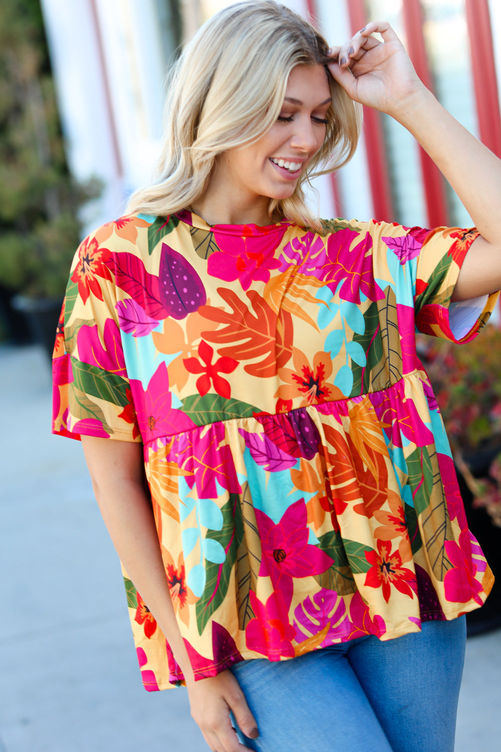 Burnt Orange Drop Shoulder Floral Babydoll Top