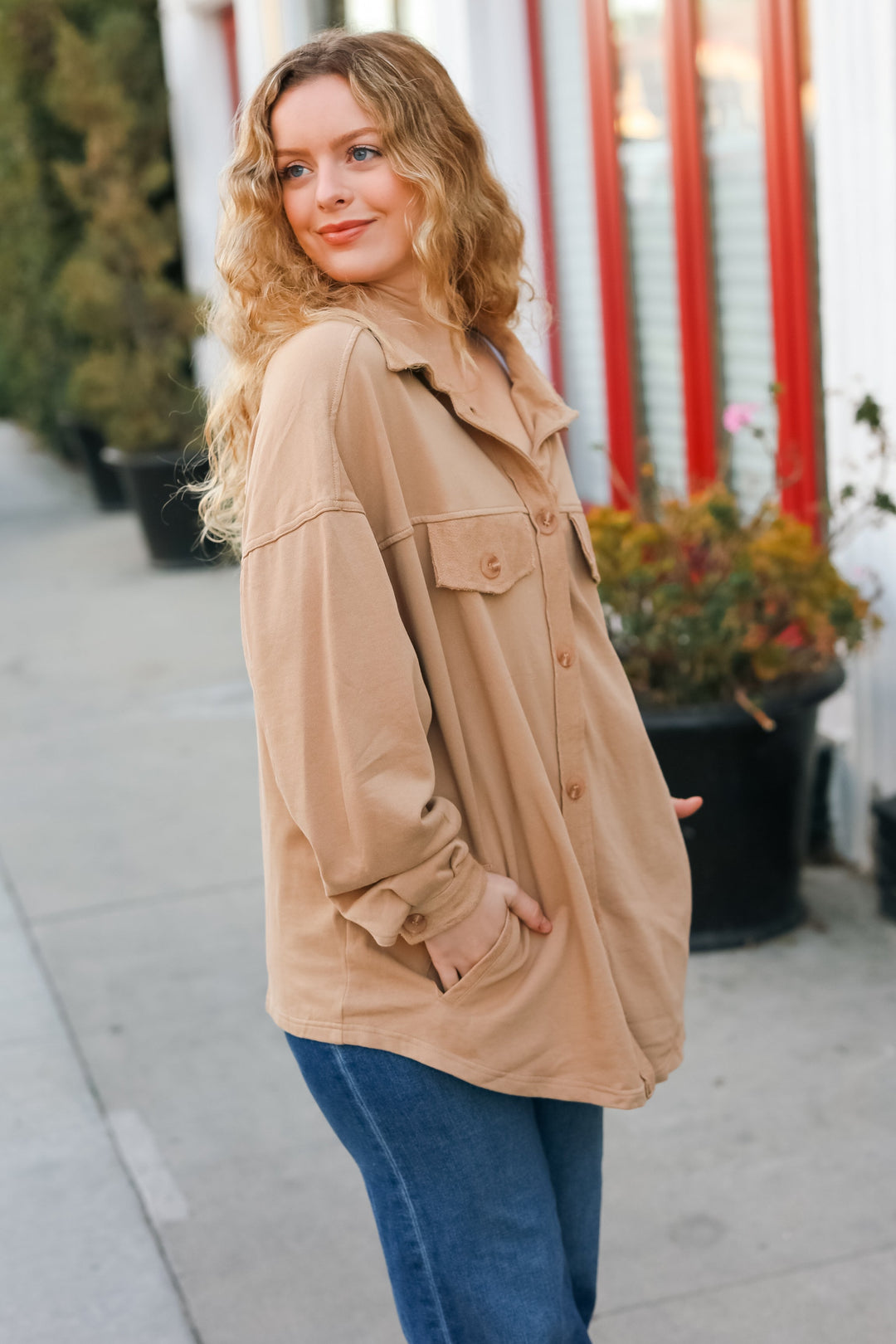 Good Times Camel Terry Oversized Shirt Shacket