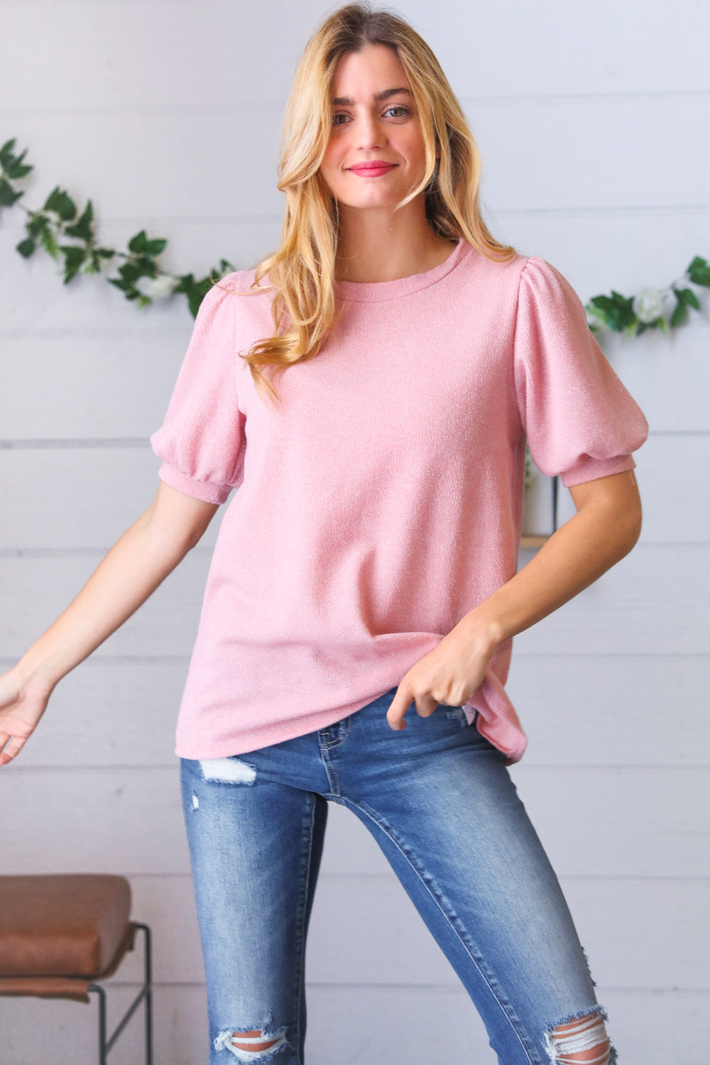 Baby Pink Puff Sleeve Two Tone Sweater Top