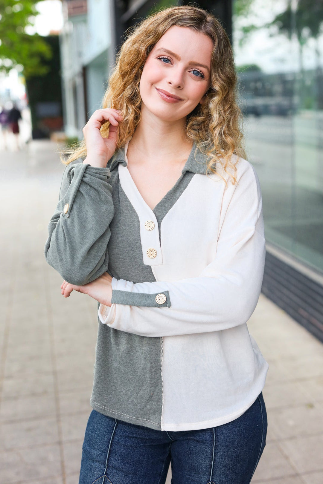 Start Your Day Olive Half & Half Collared Notched Neck Top