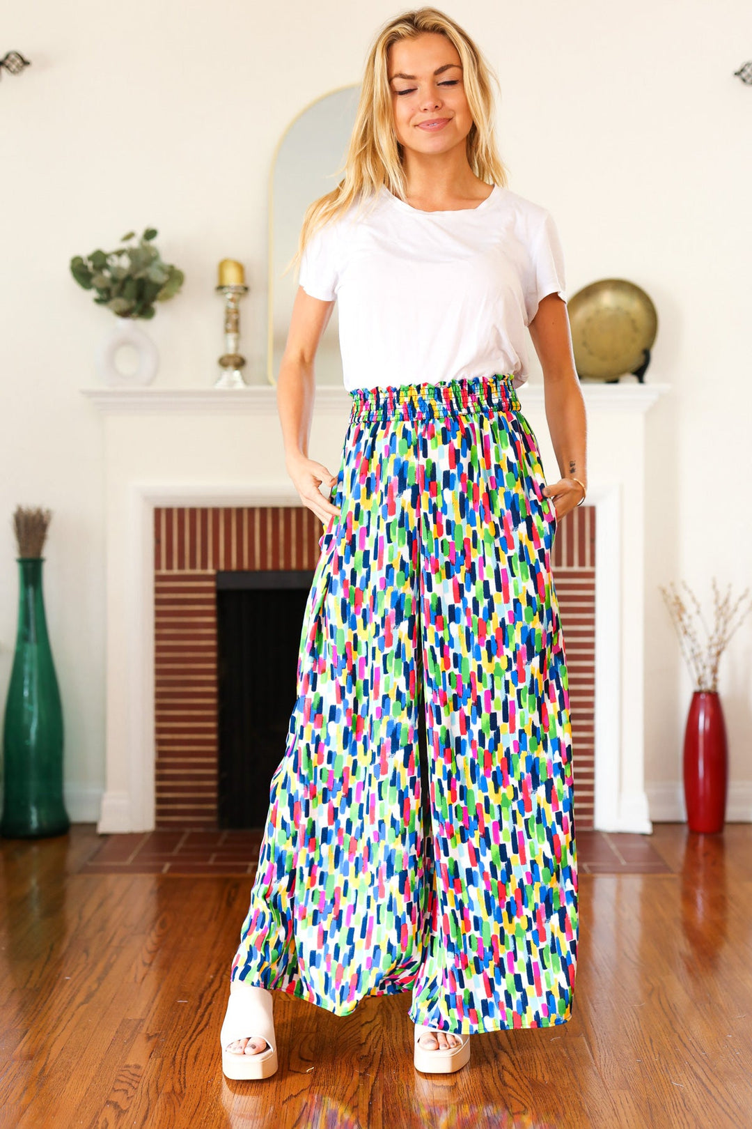 Stand Out Navy & Green Abstract Print Smocked Waist Palazzo Pants