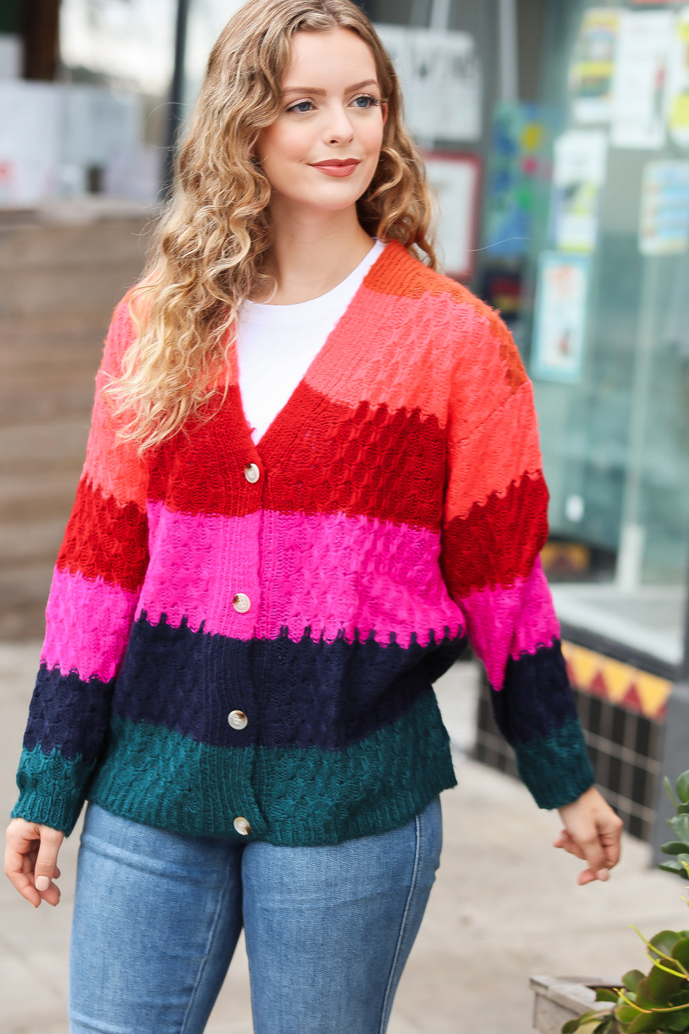 Make Your Day Magenta Honeycomb Knit Button Down Cardigan