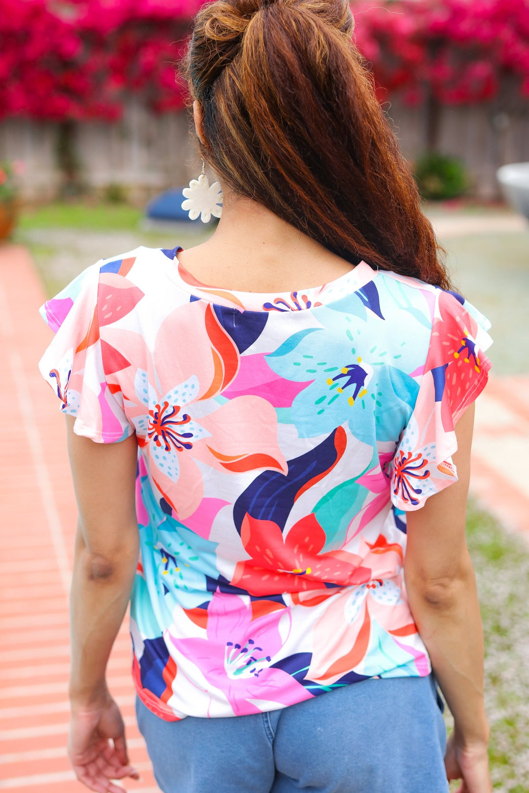 Summer Vibes Coral Tropical Print Flutter Sleeve Top