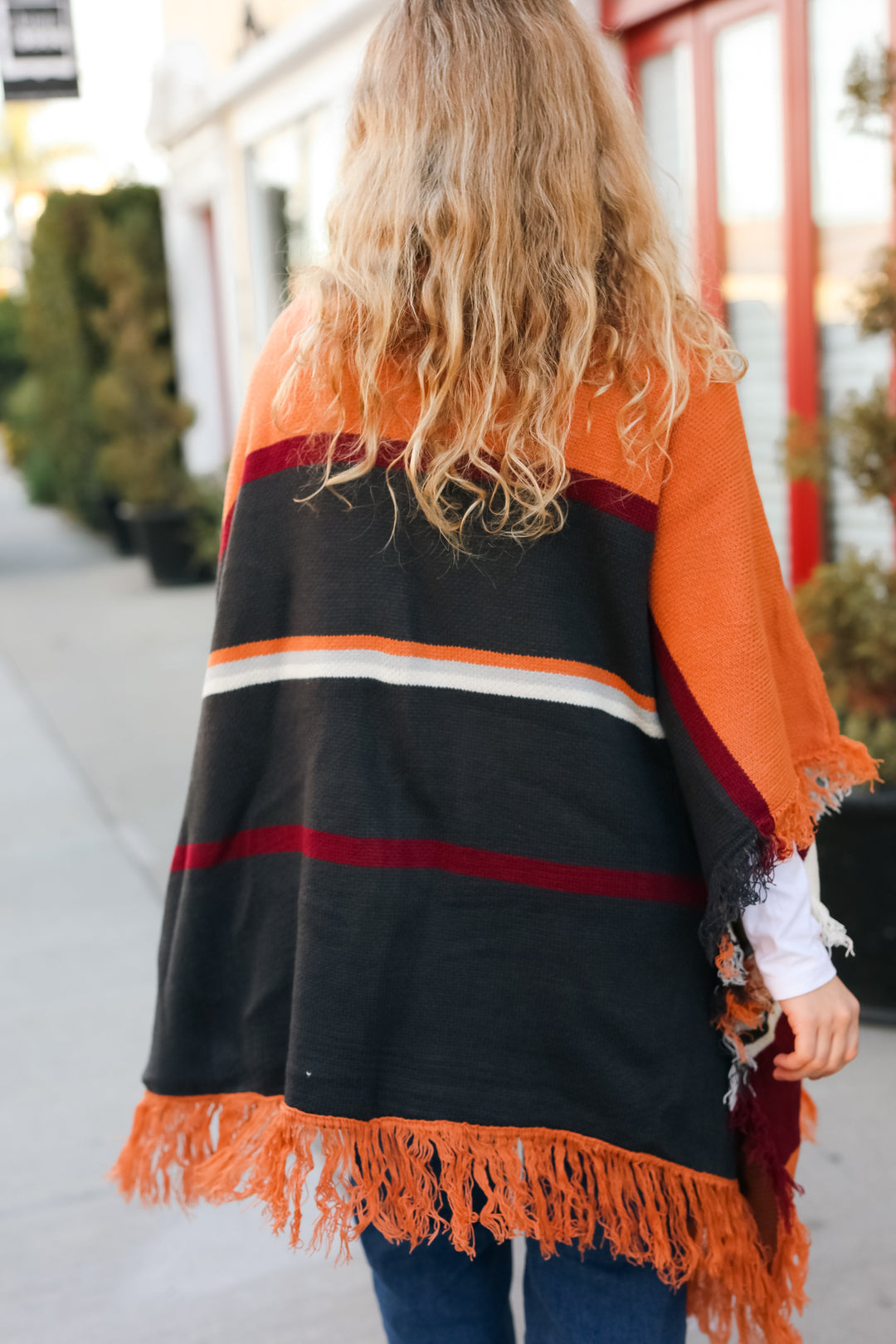 Feeling Special Grey & Rust Striped Tassel Fringe Open Poncho