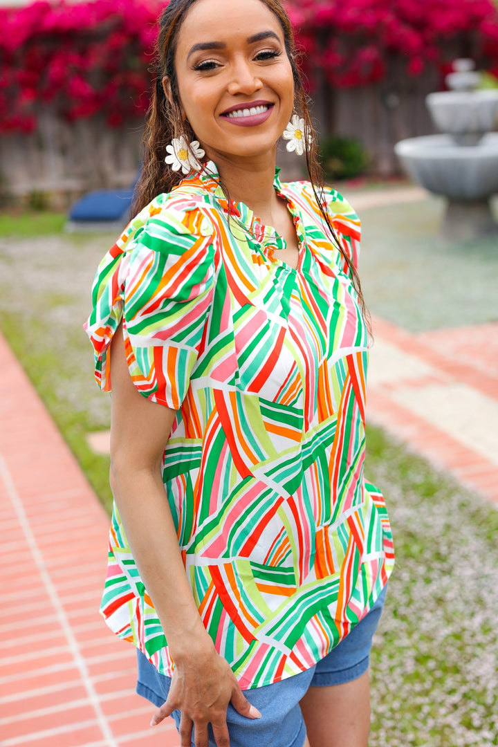 Hello Beautiful Green & Orange Geo Frill Notch Neck Puff Sleeve Top