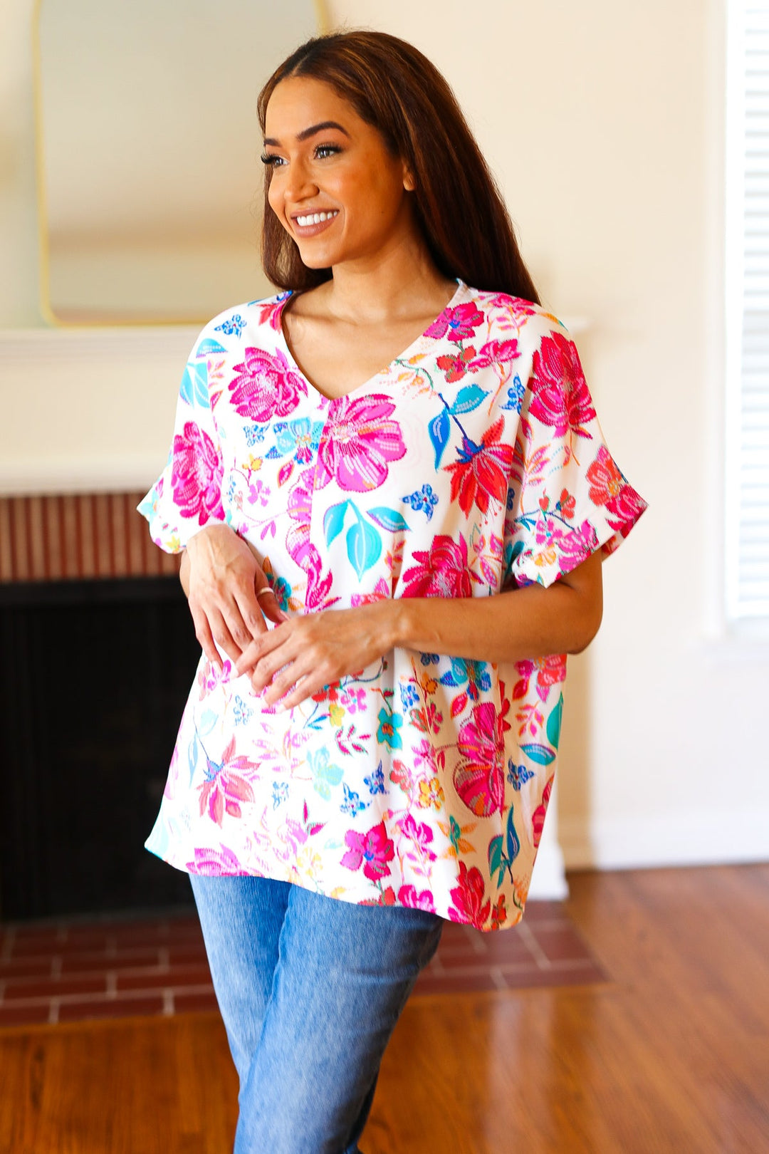 Embrace The Day Ivory & Fuchsia Floral V Neck Woven Top