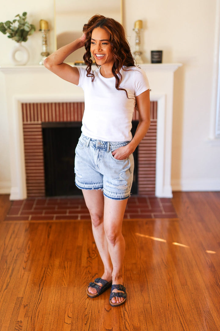 Light Wash High Rise Raw Hem Distressed Denim Shorts