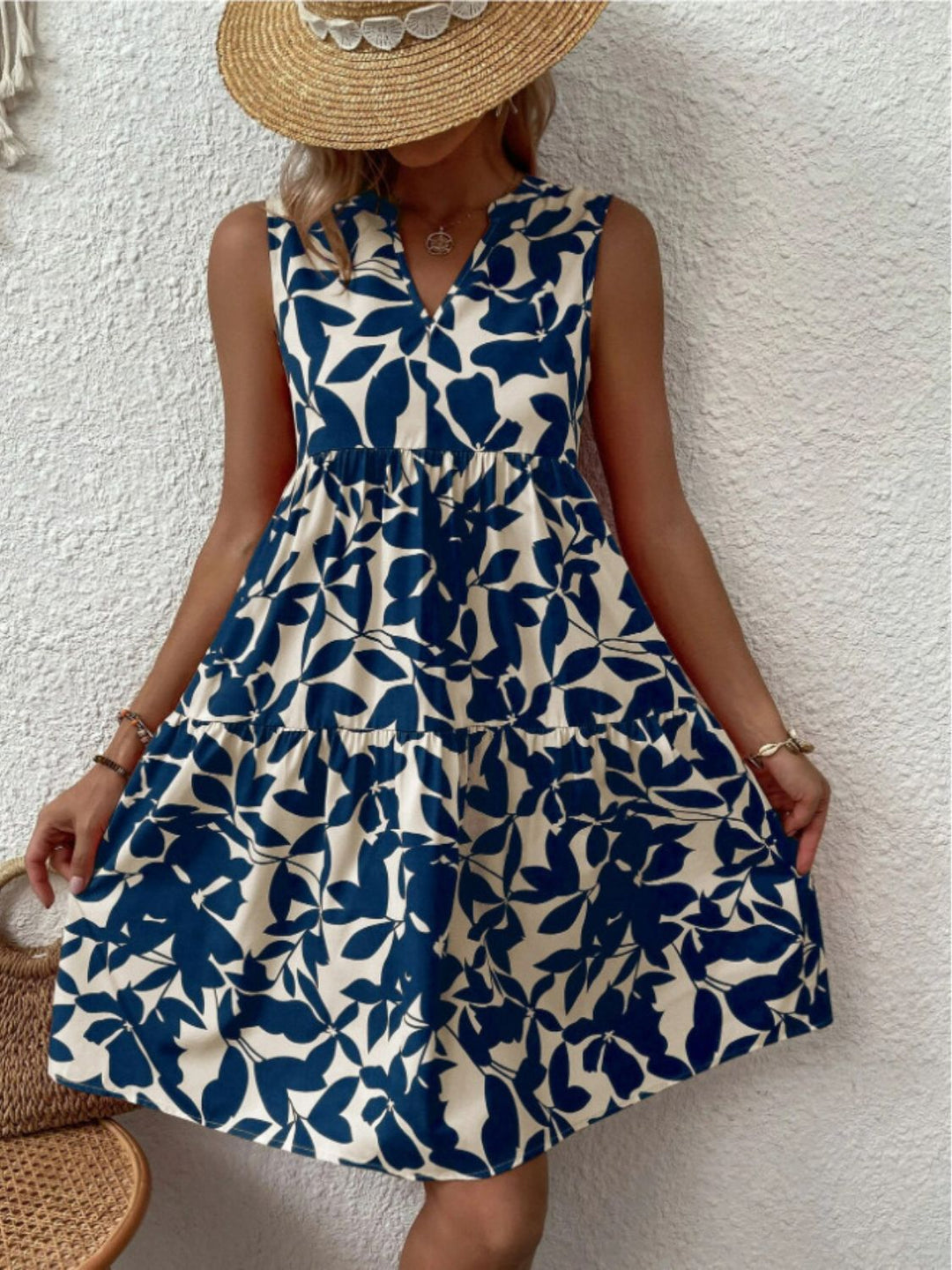 Printed Notched Sleeveless Mini Dress