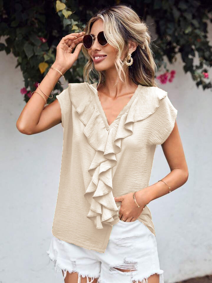 Ruffled V-Neck Short Sleeve Blouse