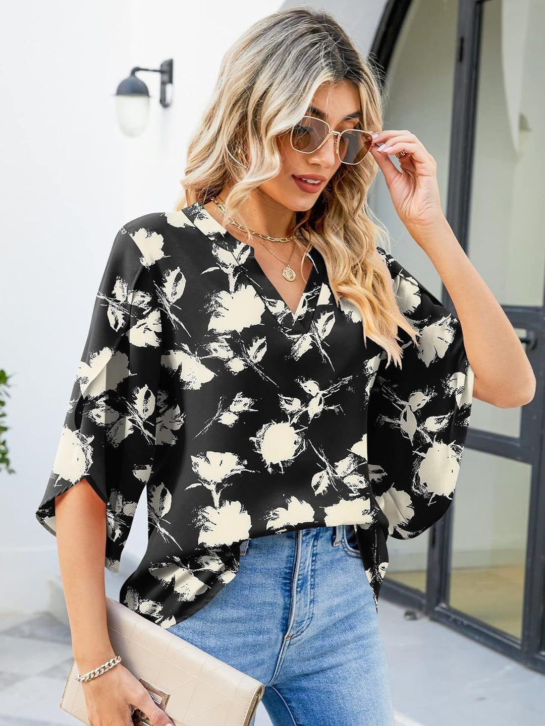 Printed Notched Half Sleeve Blouse