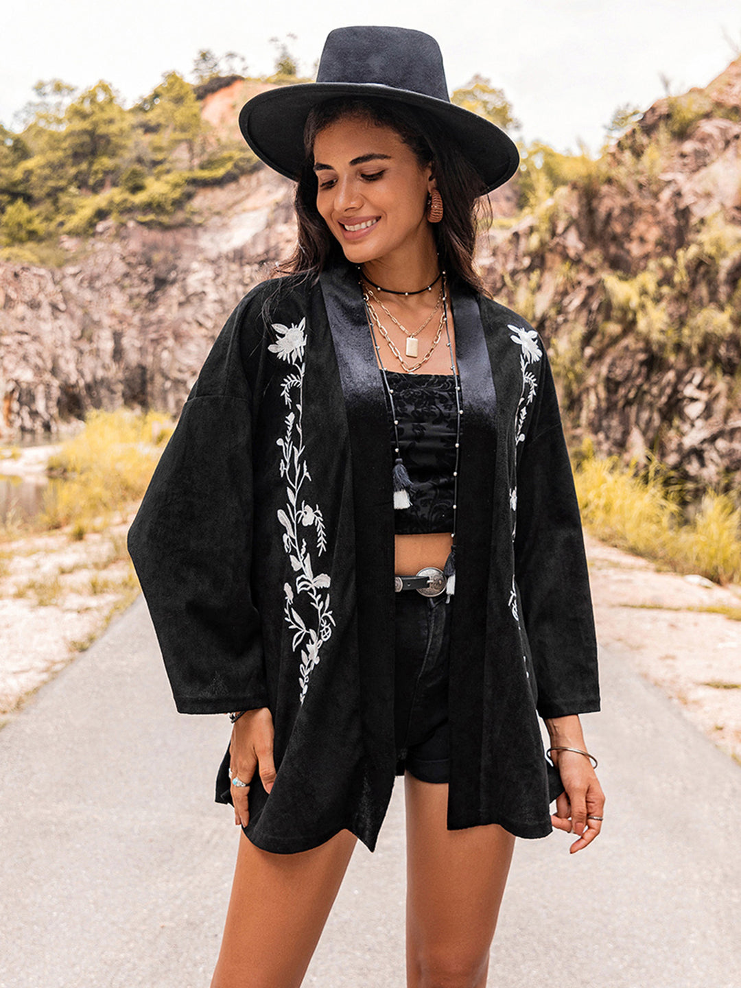 Embroidered Open Front Long Sleeve Cardigan