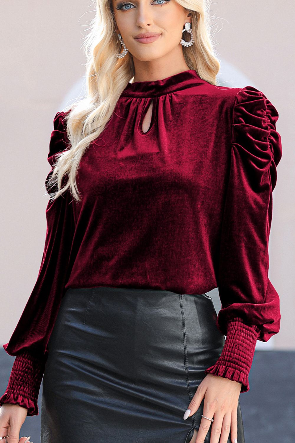 Mock Neck Puff Sleeve Velvet Blouse