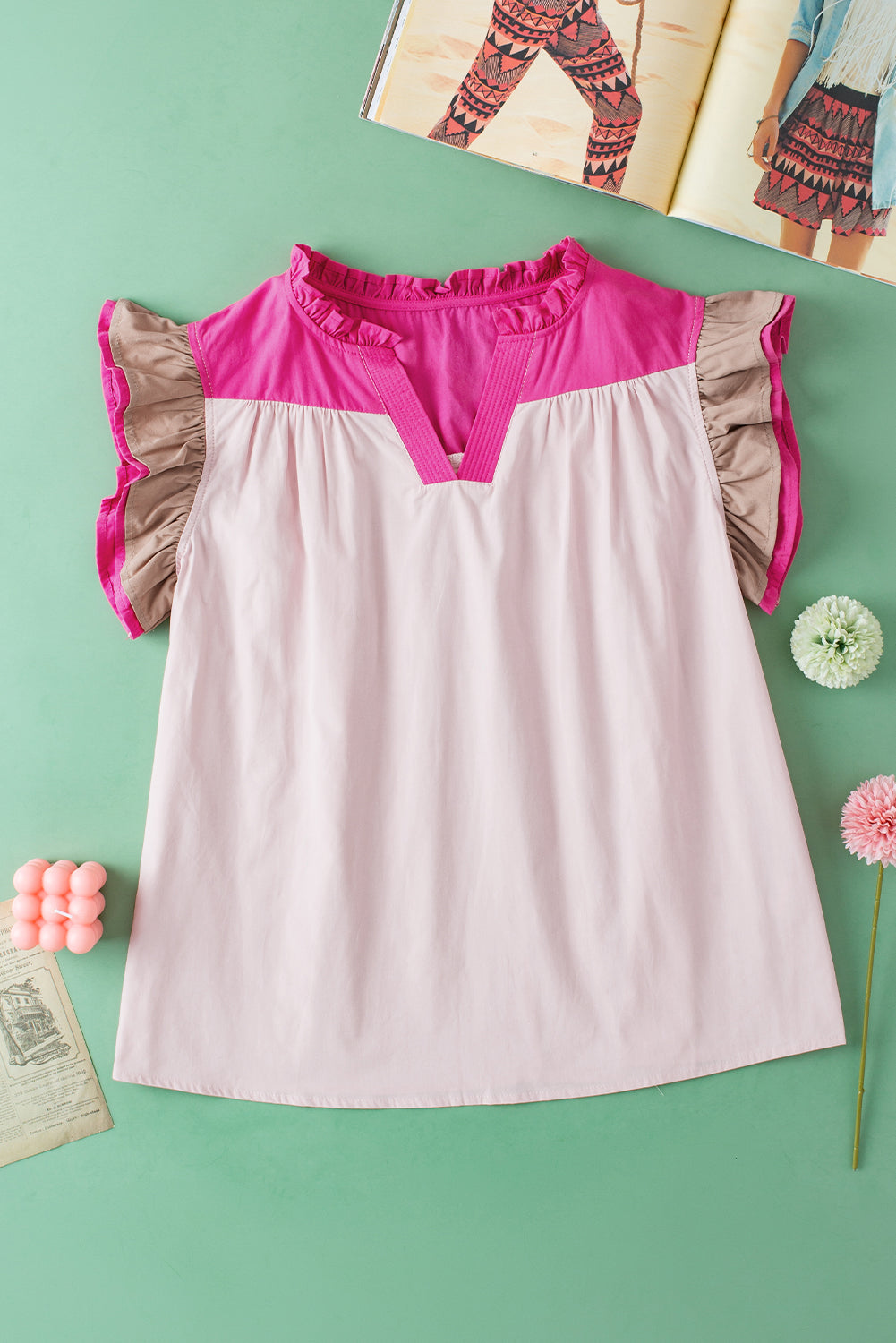 Ruffled Color Block Notched Cap Sleeve Blouse