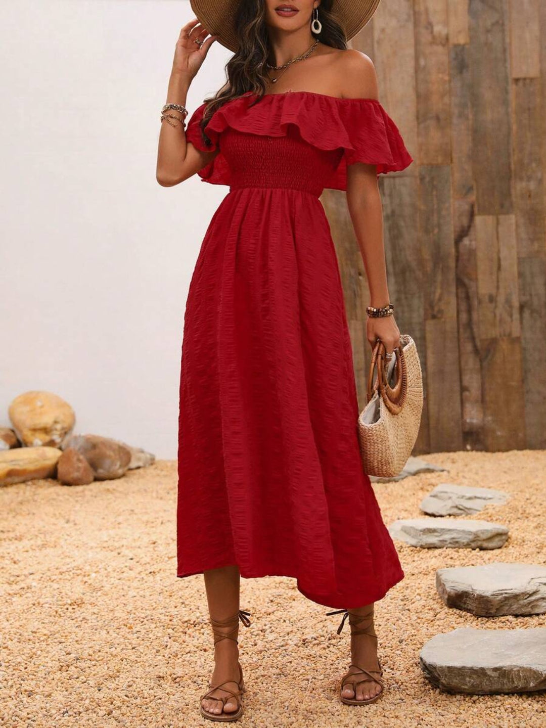 Slit Off-Shoulder Short Sleeve Midi Dress