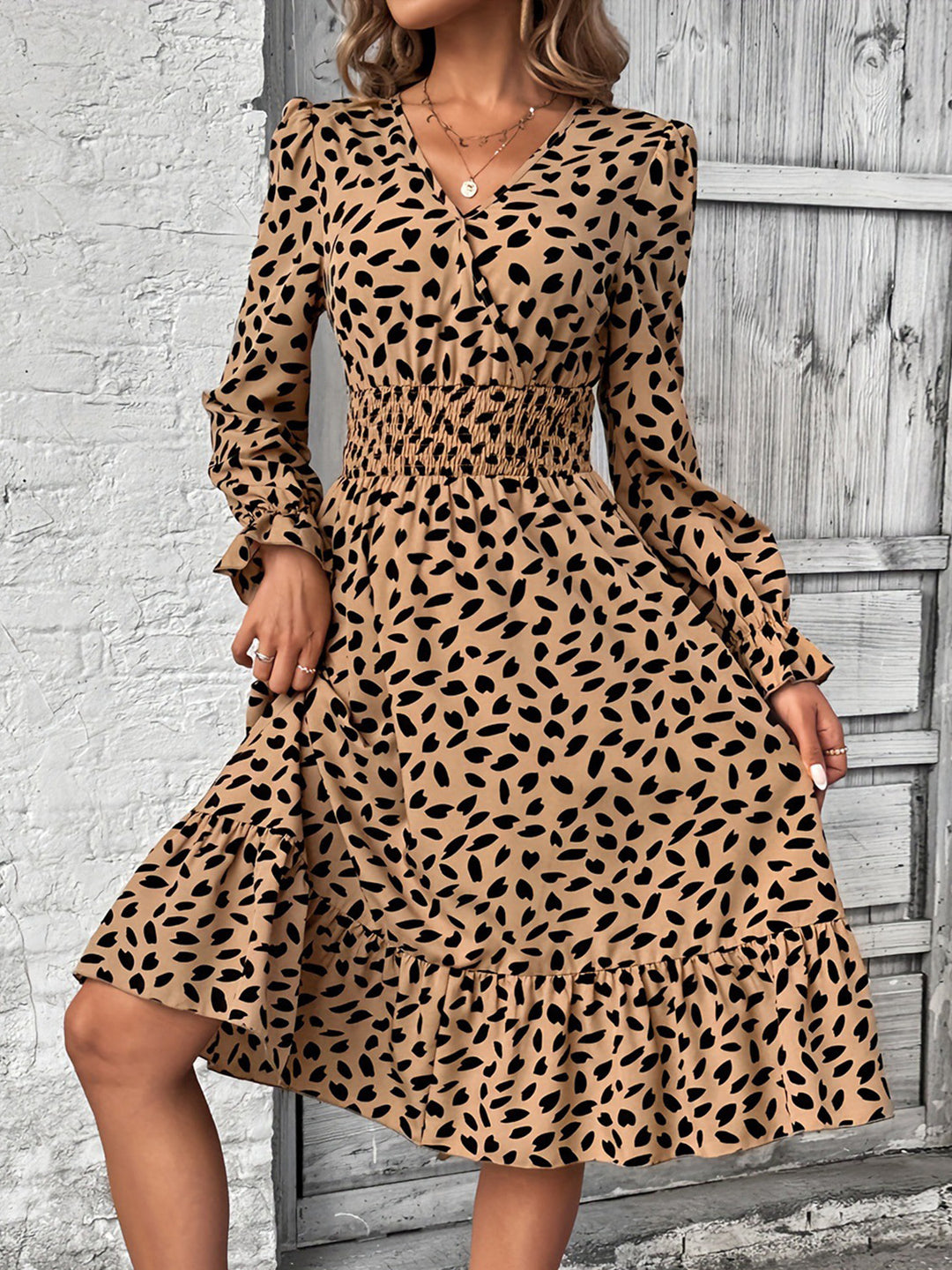 Smocked Printed Surplice Flounce Sleeve Midi Dress