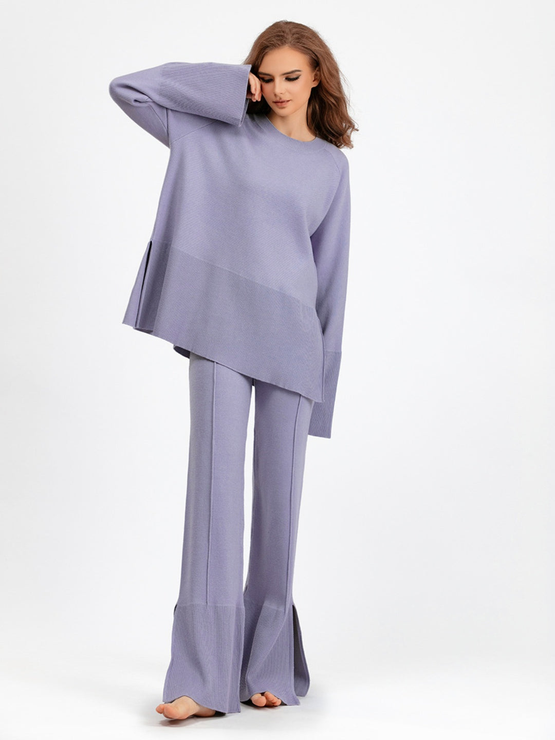 Basic Bae Slit Round Neck Long Sleeve Top and Drawstring Pants Sweater Set