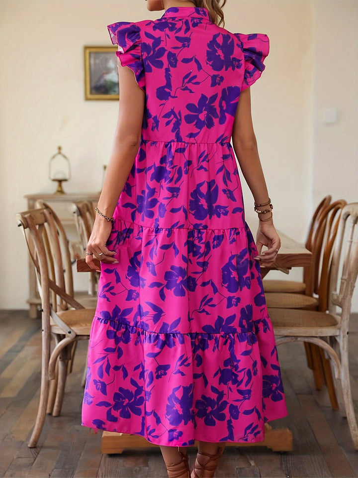 Ruffled Printed Cap Sleeve Midi Dress