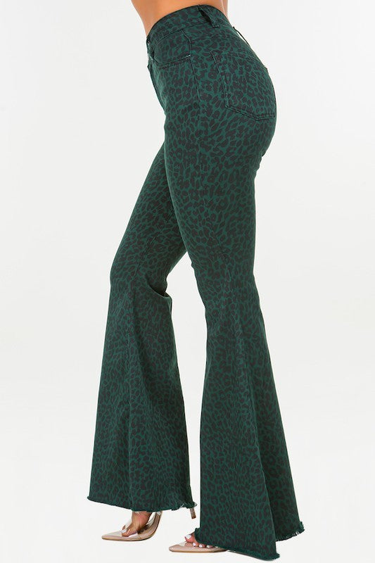 Leopard Bell Bottom Jean in Green- Inseam 32