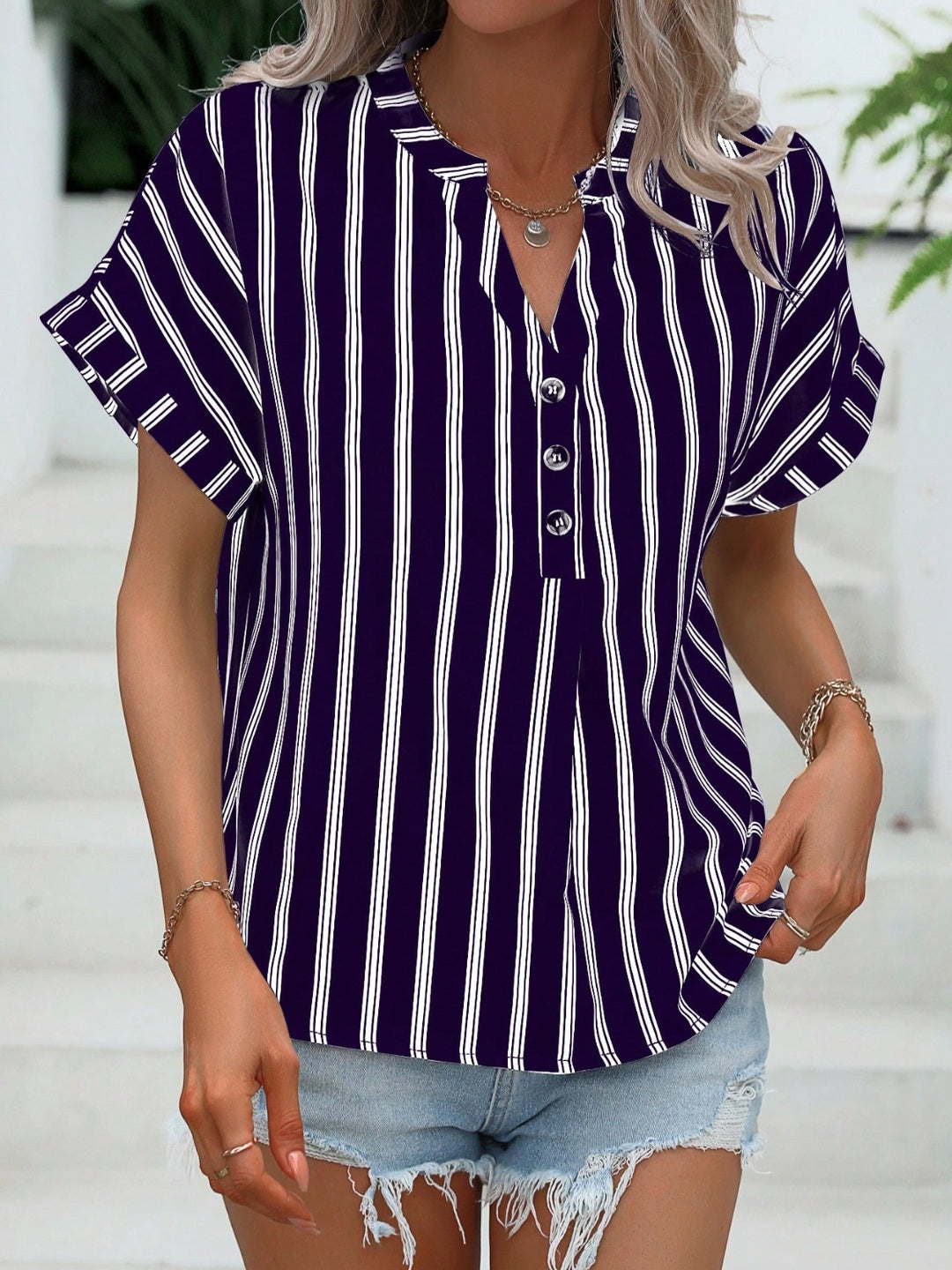 Striped Notched Short Sleeve Blouse