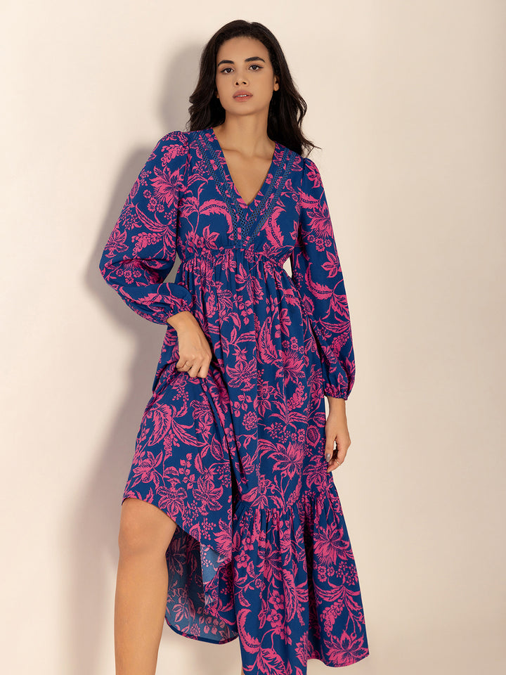 Printed V-Neck Long Sleeve Midi Dress