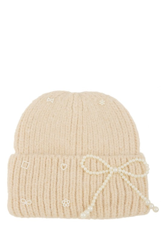 Knitted Beanie Hat with Pearl Ribbon Accent