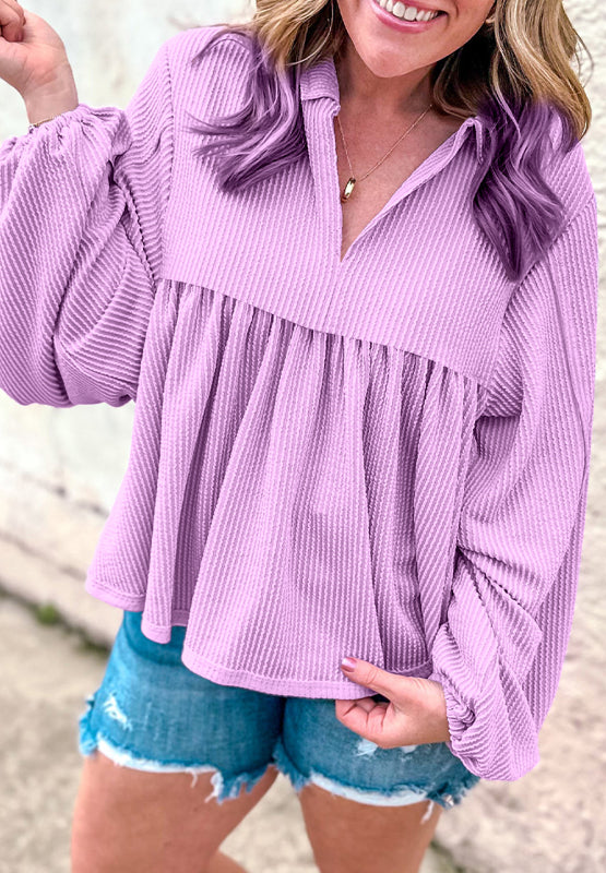 Texture Collared Neck Long Sleeve Blouse