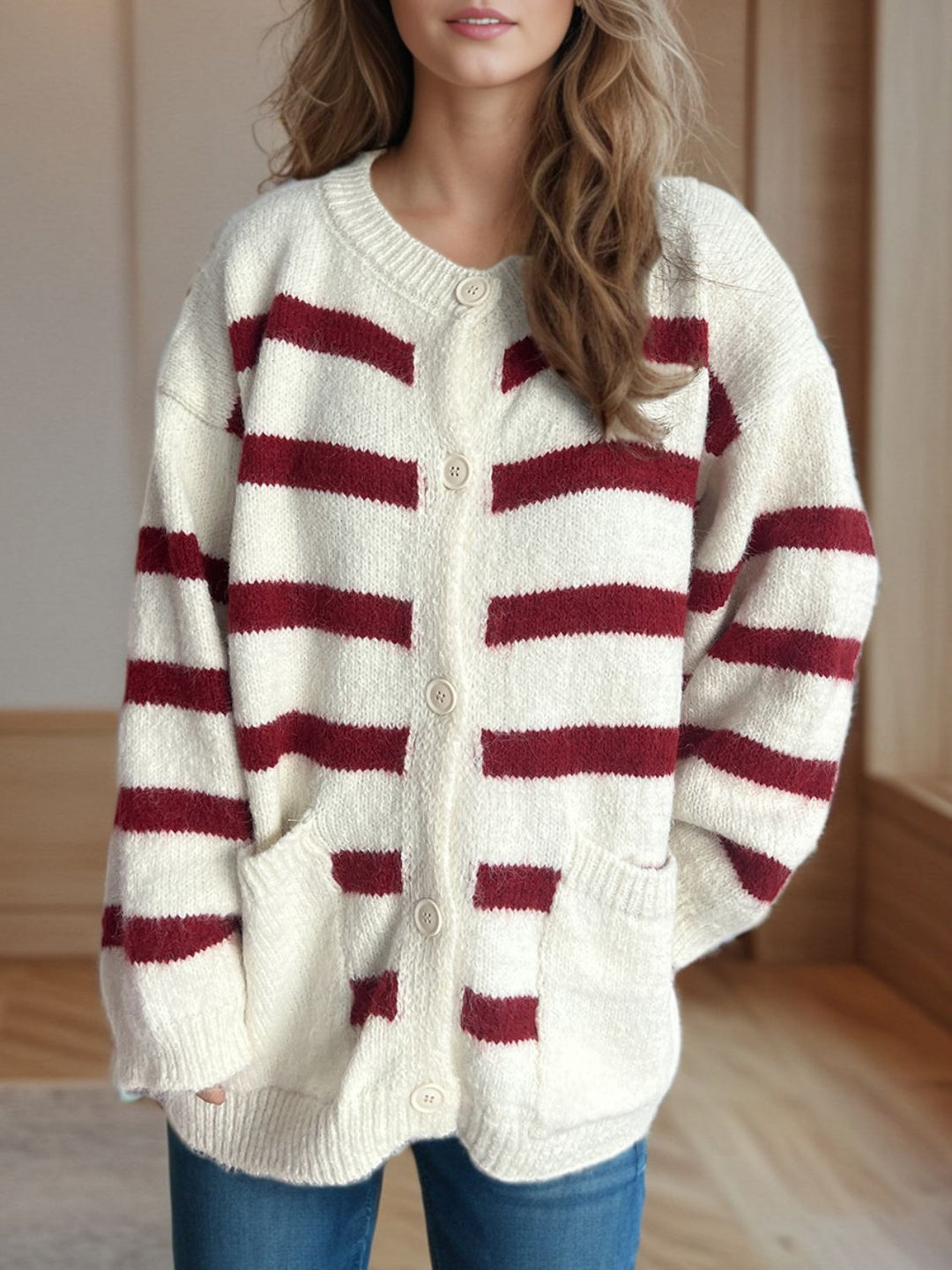 Striped Button Down Long Sleeve Cardigan