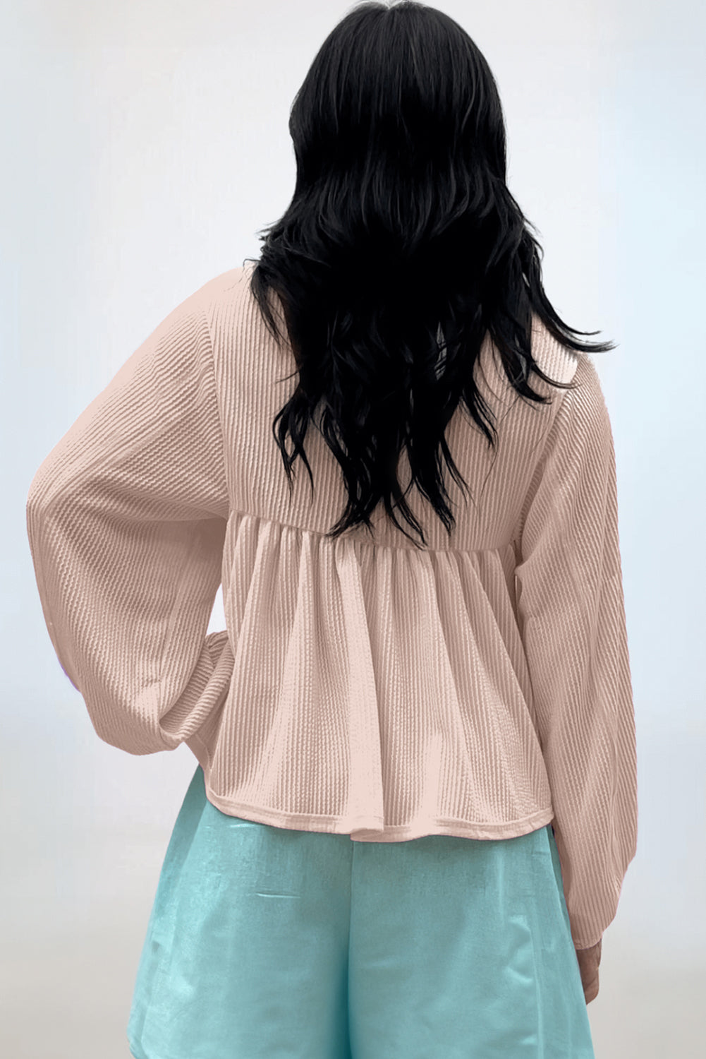 Texture Collared Neck Long Sleeve Blouse