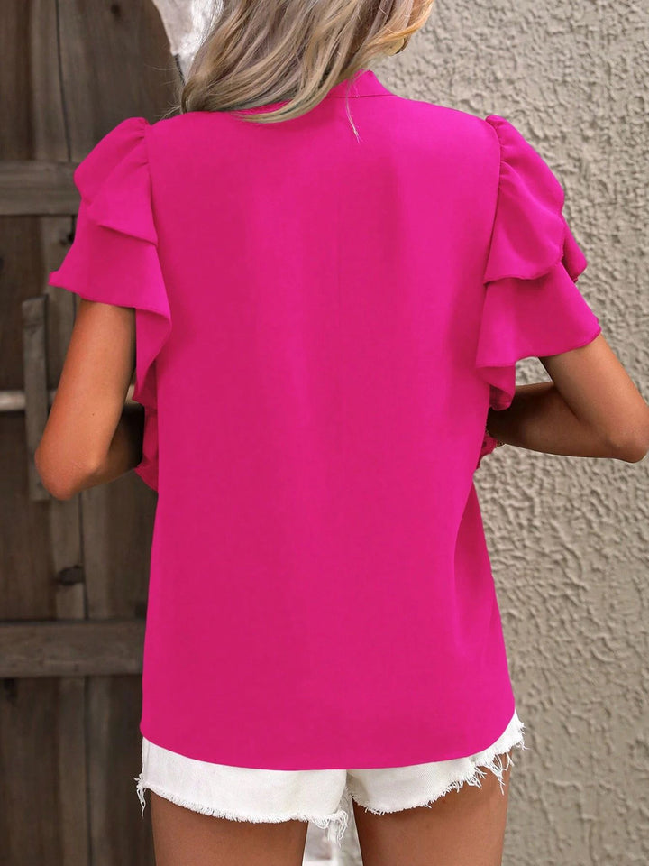 Ruffled Notched Short Sleeve Blouse