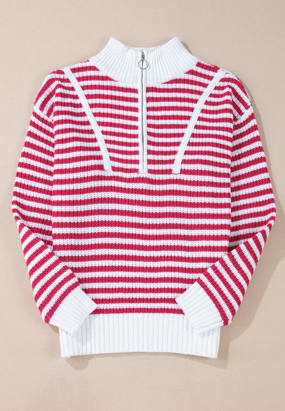 Striped Half Zip Mock Neck Long Sleeve Sweater