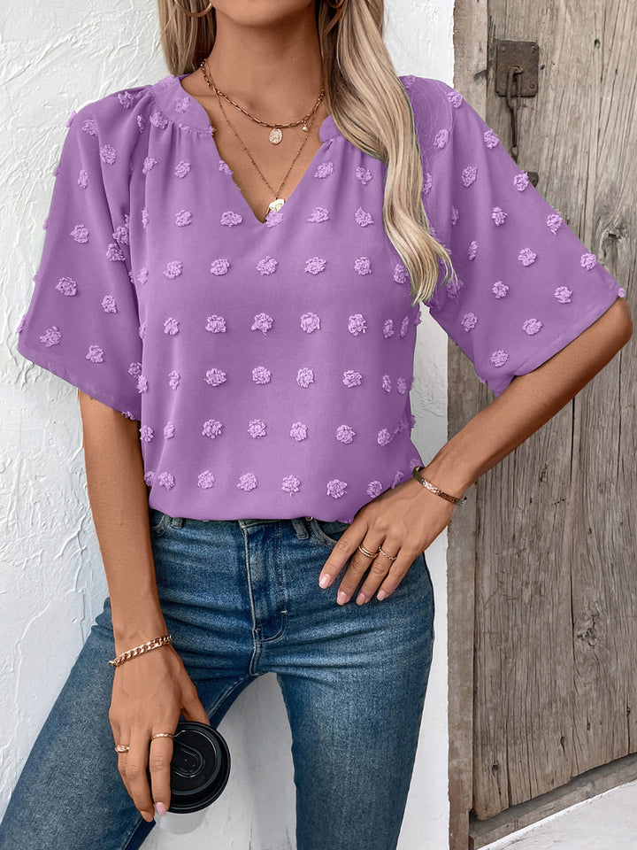 Swiss Dot Notched Half Sleeve Blouse