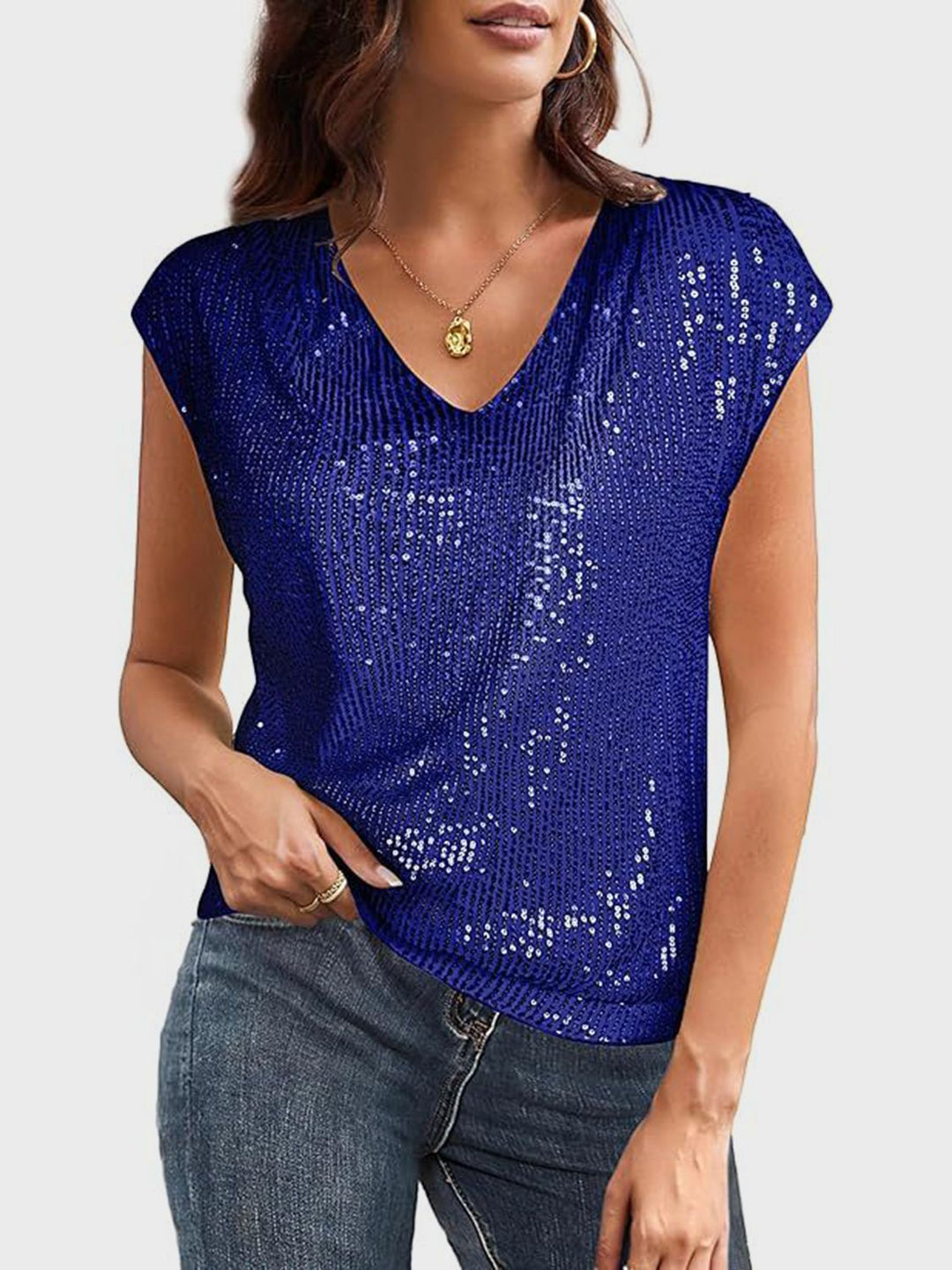 Sequin V-Neck Cap Sleeve Top