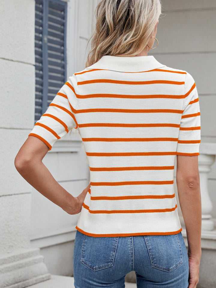 Striped Johnny Collar Short Sleeve Sweater