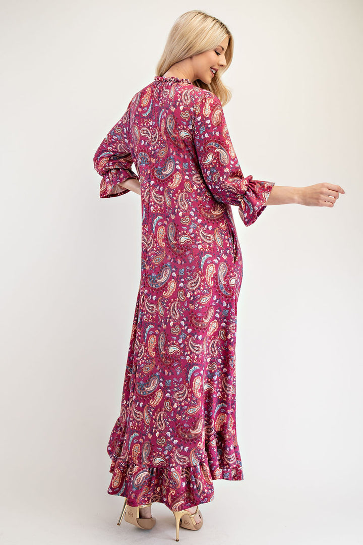 Celeste Full Size Ruffle Hem Paisley Round Neck Dress