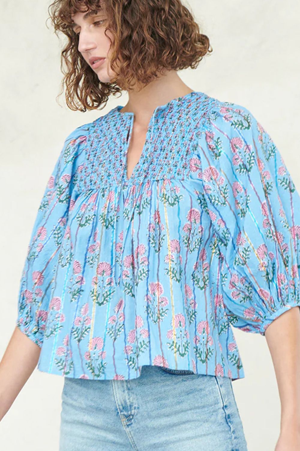 Smocked Floral Print Tie Neck Blouse