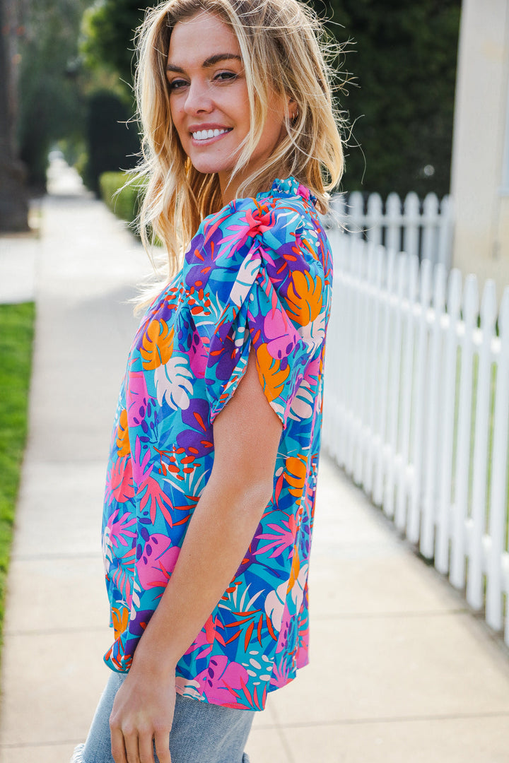 All For You Aqua Tropical Print Frill Notch Neck Puff Sleeve Top