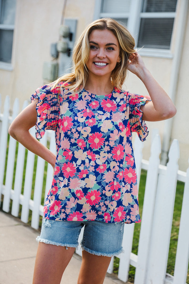 Vacay Ready Blue & Fuchsia Floral Smocked Ruffle Sleeve Top