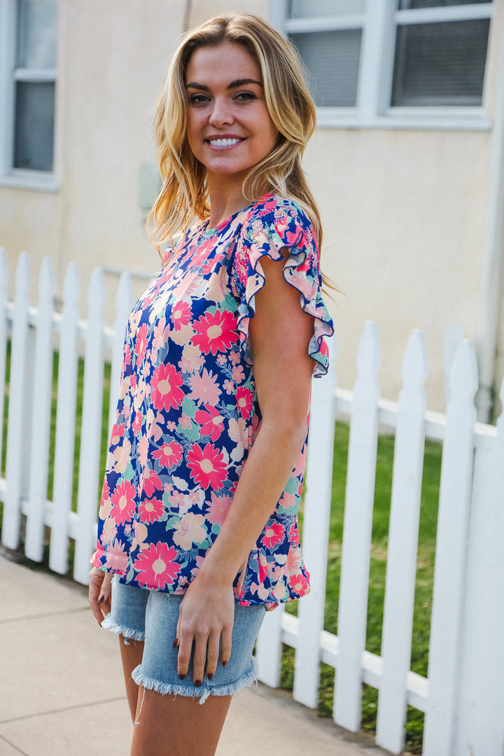 Vacay Ready Blue & Fuchsia Floral Smocked Ruffle Sleeve Top