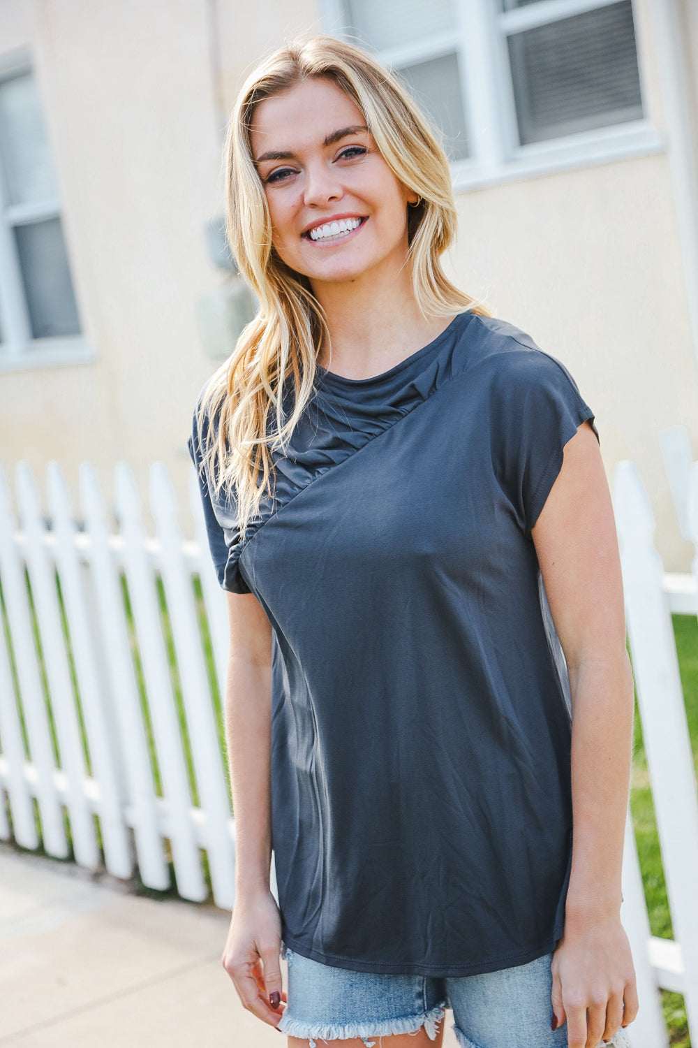 Charming In Charcoal Asymmetrical Shirred Modal Top